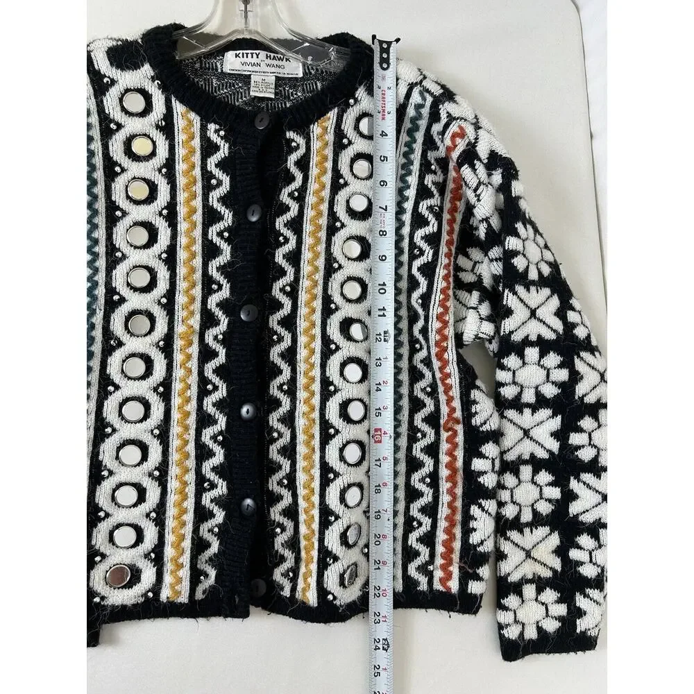 Vintage 3D Knit Cardigan Sweater Mirror Kitty‎ Hawk Vivan Wang Women's Artsy MED